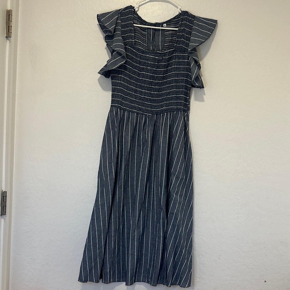 Women's XL Striped Ruffle Sleeve Dress cotton linen blend gray white square neck